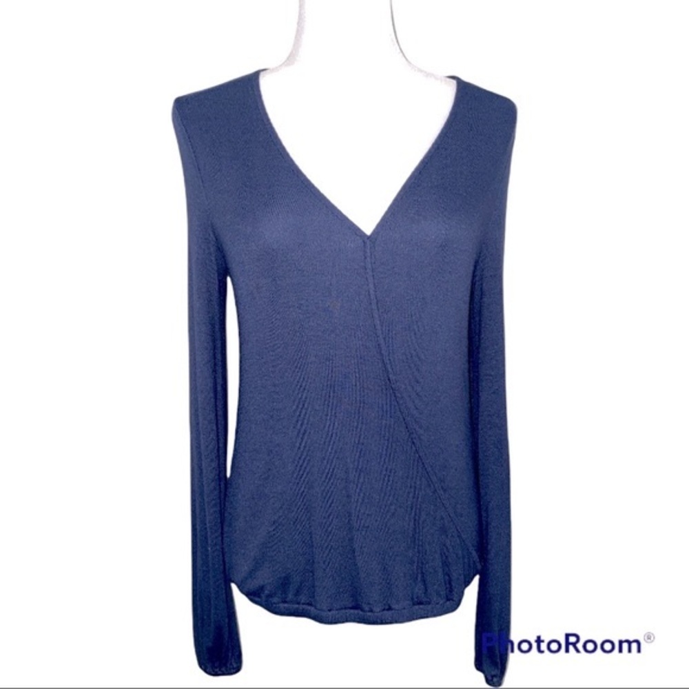 INC International Concepts Top Texture Long Sleeve V-Neck Faux Wrap Navy XS